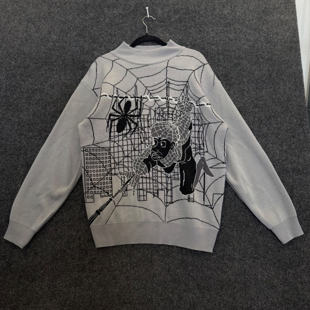Vintage Barcode Spider-Man Knit Sweater Mens Large Grey 2000s Marvel Y2K City